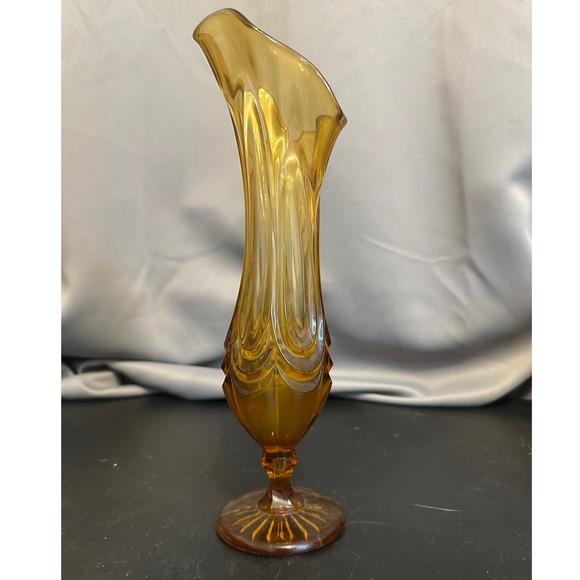 Amber Glass Vase Trumpet Bud Fluted Edge Art Decor - Picture 1 of 7